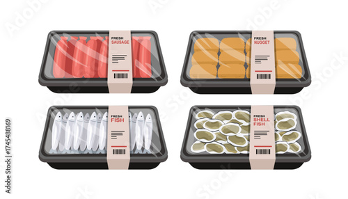 Packaged Sausage, Fish, Nugget, and Shellfish Illustration. Variety of Fresh Food Trays Illustration. Assorted Supermarket Food Packs.