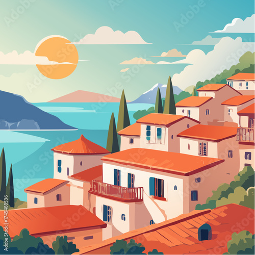 Coastal townscape with terracotta roofs and sea view