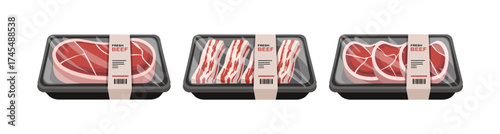 Packaged Fresh Beef Slices and Steaks. Beef Meat Tray Collection. Assorted Packaged Beef Cuts. Fresh Beef Packaging Illustration Set.