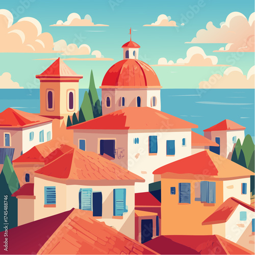 Mediterranean townscape with red rooftops and coastal view