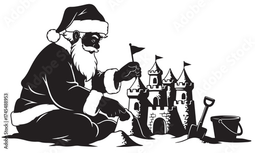 Santa Claus Building a Sandcastle with Shovel and Bucket