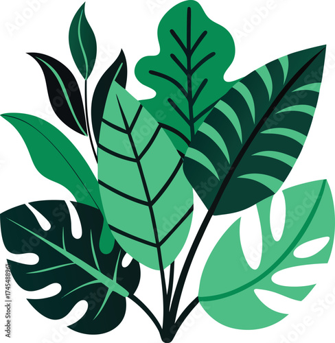 Vibrant illustration of lush green tropical jungle leaves and foliage in a stylized flat design with clean lines and varying shades of green