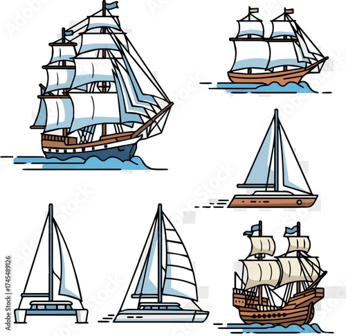 sailing ship icon set. sail vessels for sea travel. isolated vector images.
