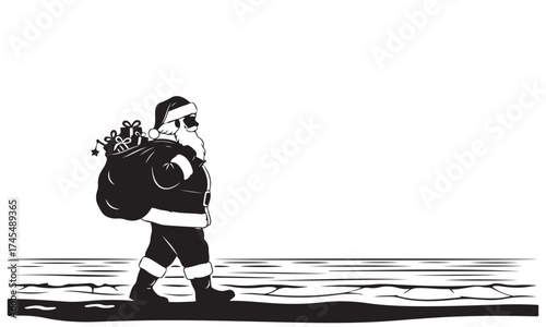 Santa Claus Silhouette Walking with Gift Sack by Water