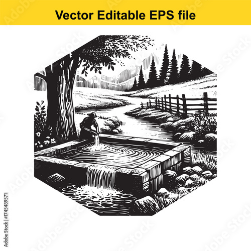 Vector art of person collecting water from a stone well in a rural landscape