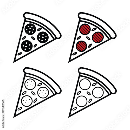 Four slices of delicious pizza featuring different toppings including pepperoni and sausage on a white background