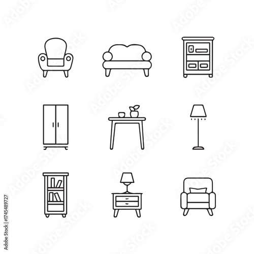 Set of nine black outline icons depicting various pieces of furniture for home interior design, isolated on white background