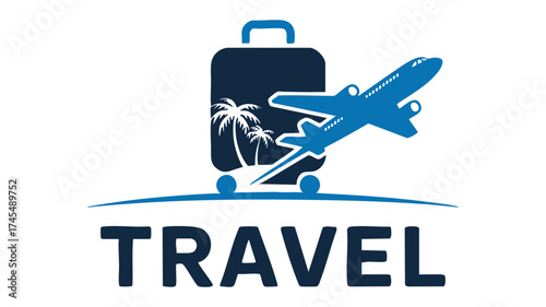 Airplane flying over palm trees and luggage for global travel and vacation planning