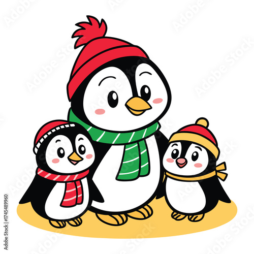Adorable cartoon family of three penguins wearing festive winter hats and scarves celebrating the holiday season together with joy