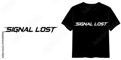 'Signal Lost' text in Cyberpunk Techno Lettering style, two variants of the inscription design in black on a transparent background and in white on the background of a mock-up T-shirt
