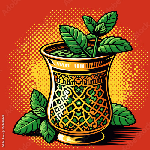 Moroccan mint tea in a traditional glass in retro pop art vector illustration