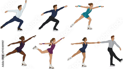 Figure skating silhouette vector set with seven dynamic poses, jumps, glides, pair skating, extended arms, balance, elegance, and motion