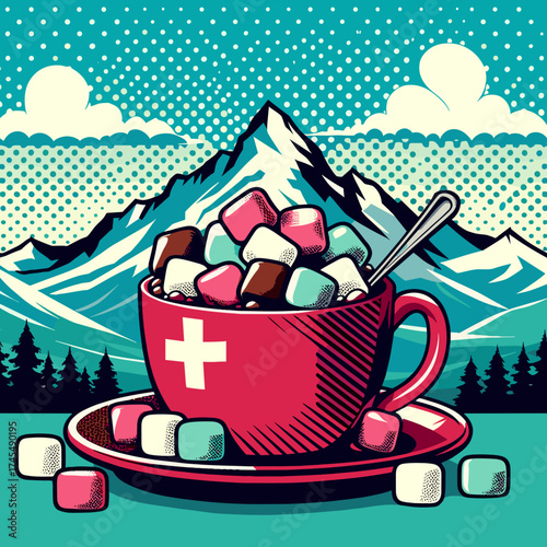 Swiss hot chocolate in a mug with marshmallows in pop art alpine background