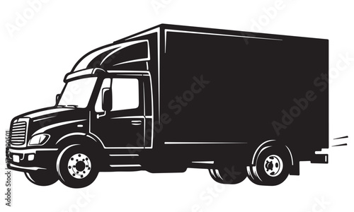 Modern Commercial Delivery Truck Black and White Vector Illustration