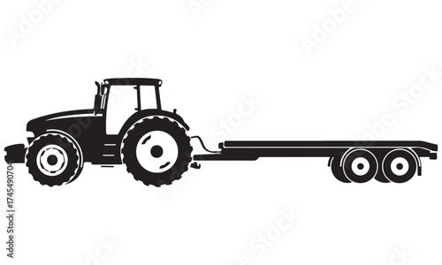 Silhouette of an Agricultural Tractor Hauling a Flatbed Trailer