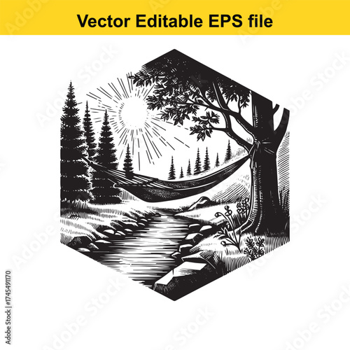 Vector art of hammock between trees by stream in forest