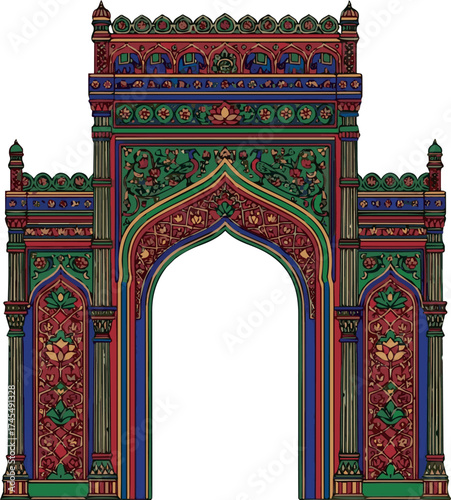 vector cartoon indian Mughal arch illustration. Oriental style hand drawn clip art on white Background.