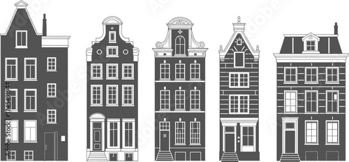 Black and white architectural illustration of classic European buildings, vintage townhouse facades, Amsterdam canal houses, historical city street design, artistic print