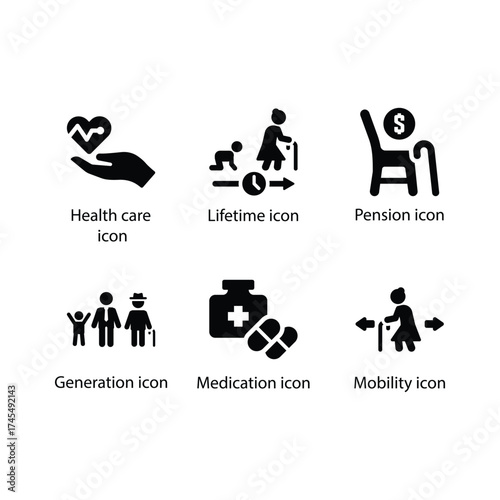 Health care, Lifetime, Pension, Generation, Medication, Mobility, Black Icon Set