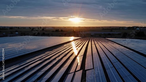 Aerial view of a large solar panel farm at sunset, with the sun's rays reflecting off the photovoltaic cells, generating clean energy.