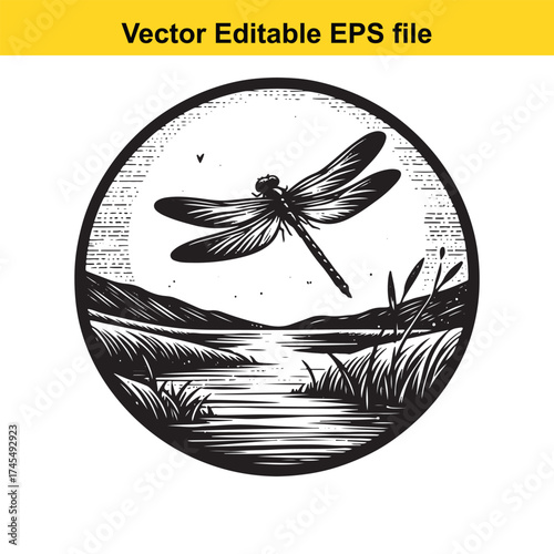 Vector art of dragonfly hovering over a lake with reeds and hills