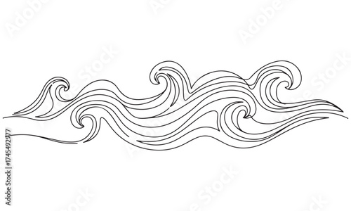 Stylized Black and White Ocean Waves Line Art Illustration