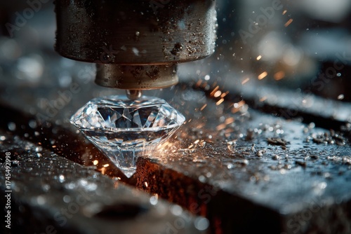 Close-up view of diamond being crafted in workshop with sparks flying during cutting process
