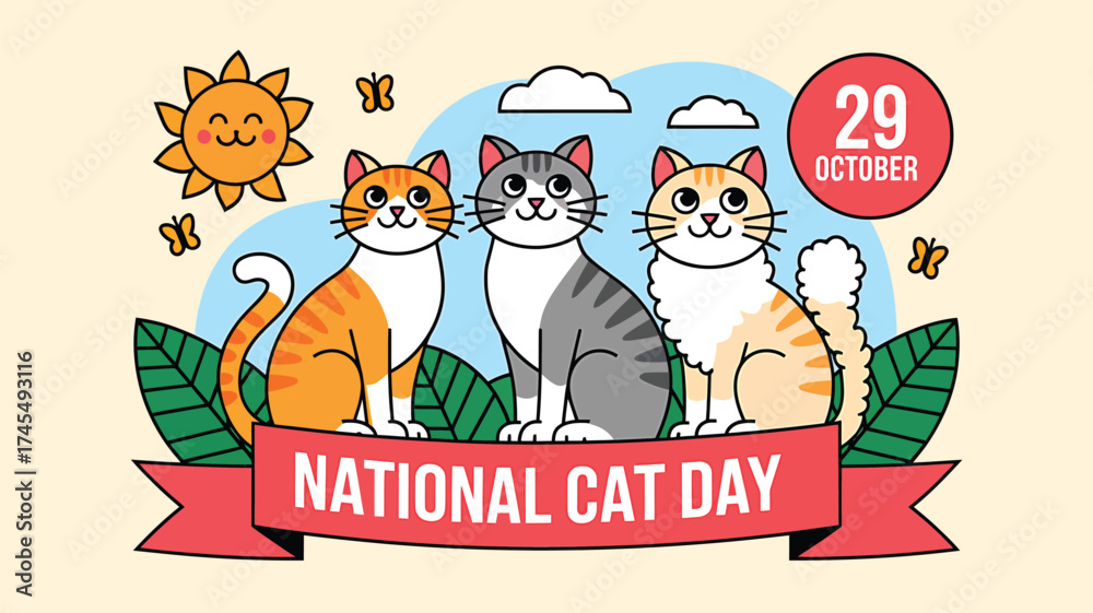 Fototapeta premium Vector art of three adorable cartoon cats sitting on a ribbon banner with text national cat day and sun, clouds, butterflies, and leaves