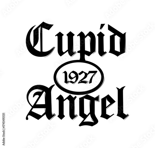 Cupid angel victoria art design. Gothic style lettering. Graphic print white background. For man, woman, young, apparel, hoodie, clothing, t shirt. Vector illustration