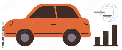 Orange compact car alongside a bar graph and globe, symbolizing automotive business, innovation, networking, growth, sustainability, analytics, and future transportation. Simple flat metaphor