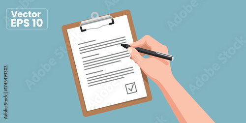 Hand with a pen completing a checklist on a clipboard, a vector illustration for business concepts like application, agreement, or task completion
