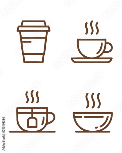 Collection of simple line art beverage icons including coffee cup tea cup and bowl