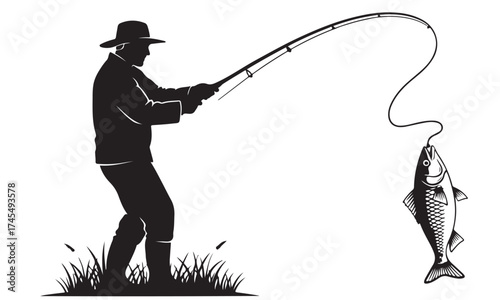 Silhouette of a Fisherman Catching a Fish with a Fishing Rod