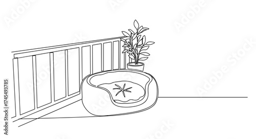 Pet bed on balcony in linear black and white style