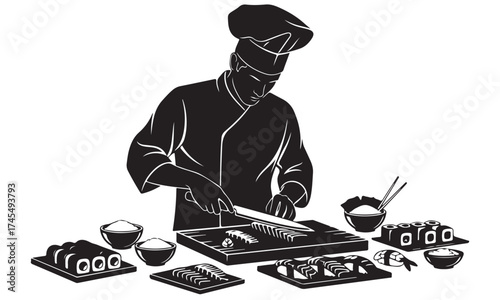 Professional Chef Expertly Preparing Japanese Sushi and Sashimi Dishes