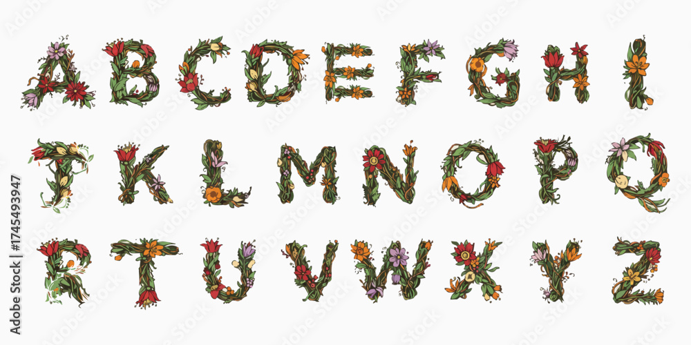 Naklejka premium Floral Alphabet: An exquisite collection of floral letters, showcasing the beauty of each character meticulously crafted with a variety of vibrant blooms and lush green foliage.