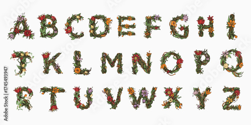 Floral Alphabet: An exquisite collection of floral letters, showcasing the beauty of each character meticulously crafted with a variety of vibrant blooms and lush green foliage.