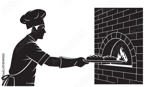 Artisan Baker Baking Fresh Bread in a Traditional Brick Oven Silhouette