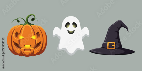 Spooky Halloween Trio: A festive ensemble of a carved pumpkin, a friendly ghost, and a witch's hat, embodying the spirit of Halloween, against a backdrop of soft grey.
