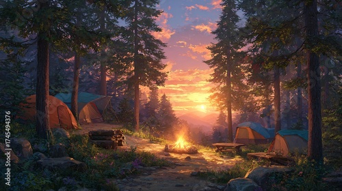 Wallpaper Mural a serene forest campsite at golden hour with a glowing campfire and multiple tents Torontodigital.ca