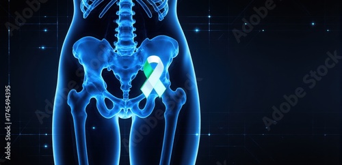 Futuristic holographic pelvic scan with teal and white ribbon for cervical cancer awareness