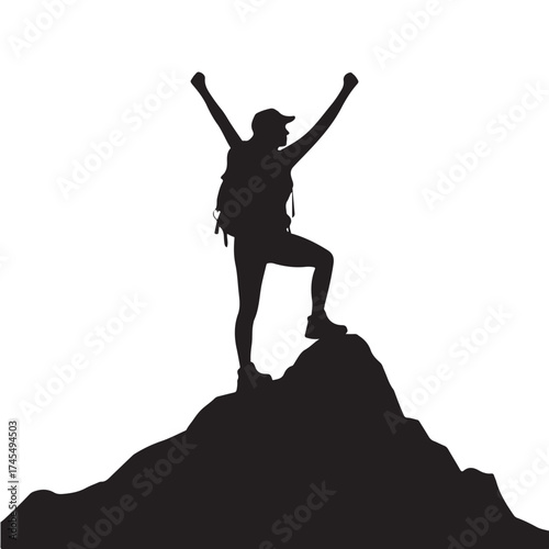 Silhouette of a triumphant hiker with arms raised on a mountain peak silhouette