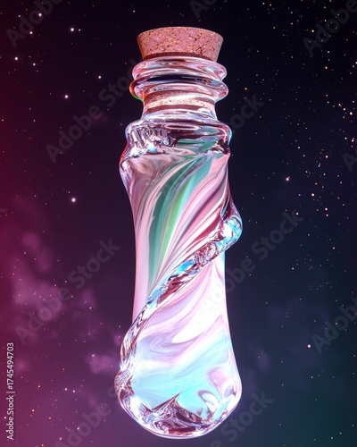 Mystical Glass Bottle Twisting in Colorful Cosmos with Glowing Liquid