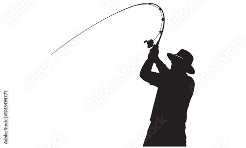 Silhouette of an Angler with a Bent Fishing Rod, Engaged in Sport Fishing