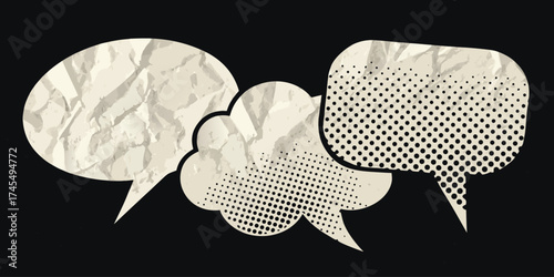 White Speech Bubbles Cut Out of Crumpled Paper Texture – Creative Communication Concept, Recycled Paper Design, Blank Chat Icons for Messaging, Dialogue, and Social Media Graphic Template