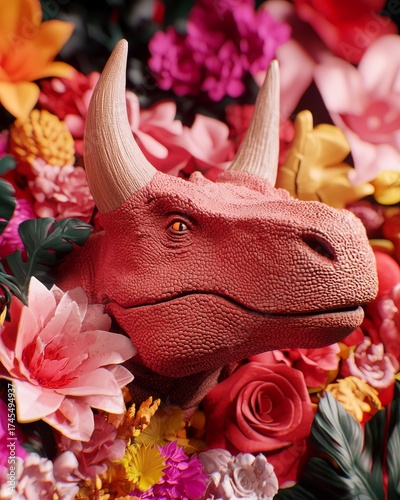 Triceratops Among Blossoms: A Surreal Blend of Dinosaur and Floral Artistry