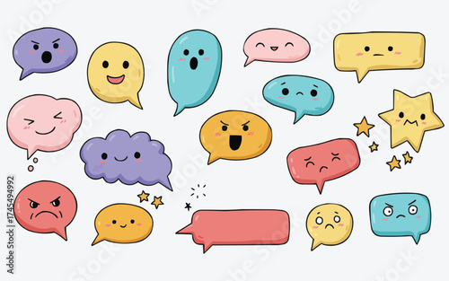 Cartoon Speech Bubbles Expression: Colorful, whimsical speech bubbles with emotive faces, perfect for conveying diverse emotions and adding a touch of fun to any design.