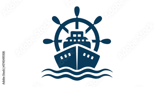 Nautical ship wheel and vessel icon representing maritime travel and shipping industry