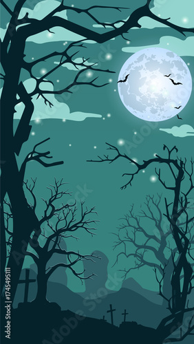  Vertical Illustration of Evil Jack-o'-Lanterns and Bare Trees under Pink Moon