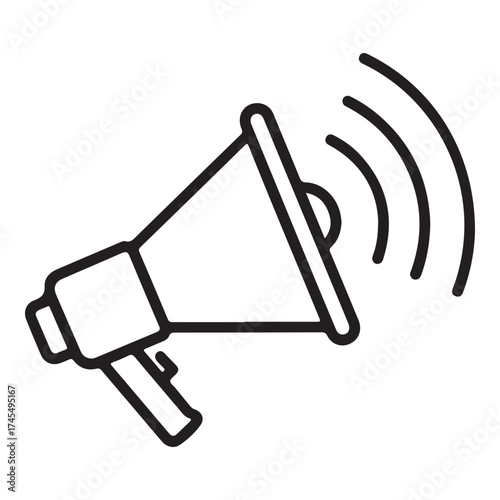 A black and white line art icon of a megaphone emitting sound waves